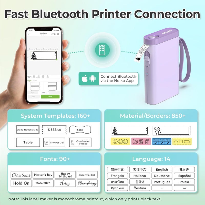 Nelko Label Maker Machine with Tape, P21 Bluetooth Label Printer, Wireless Mini Label Makers with Multiple Templates for School Office Home, Purple - Image 2